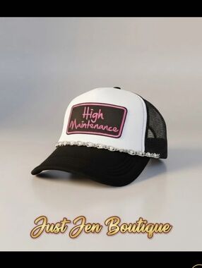 High Maintenance Embroidered Trucker Hat in White & Black With Pearl Chain-Women